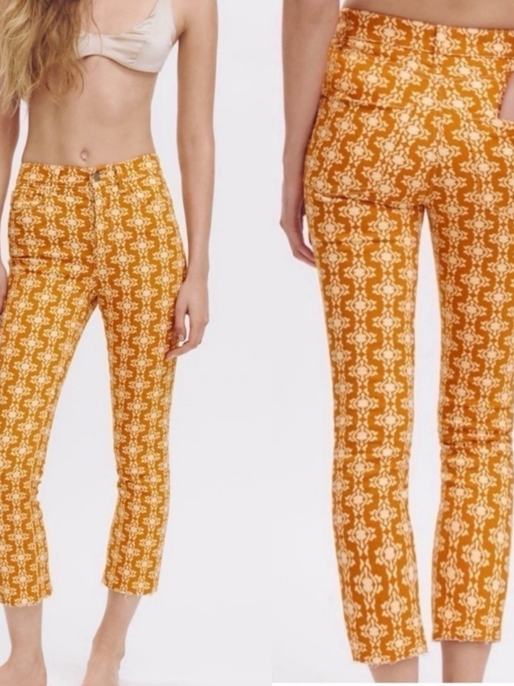 ZARA High-Rise Printed Crop Pants in Mustard